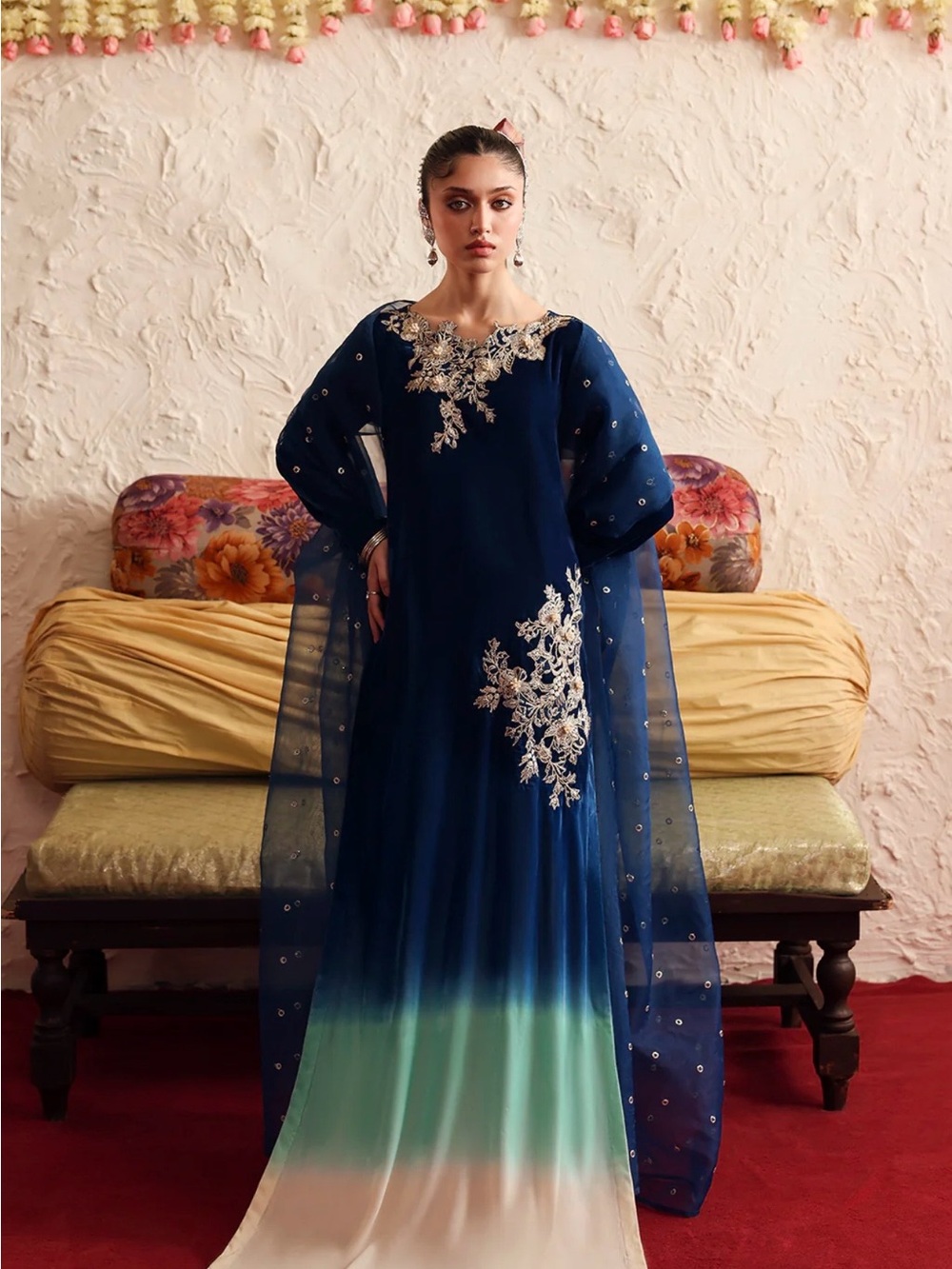 Navy Blue Ombre kaftaan with White Floral Embroidery